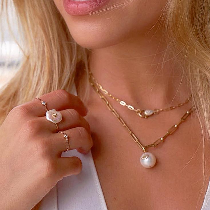 Evil-Eye On Pearl 14K Gold Diamond Necklace Charm