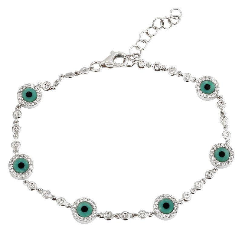 Turquoise Evil Eyes 14K Diamond Halo Bracelet