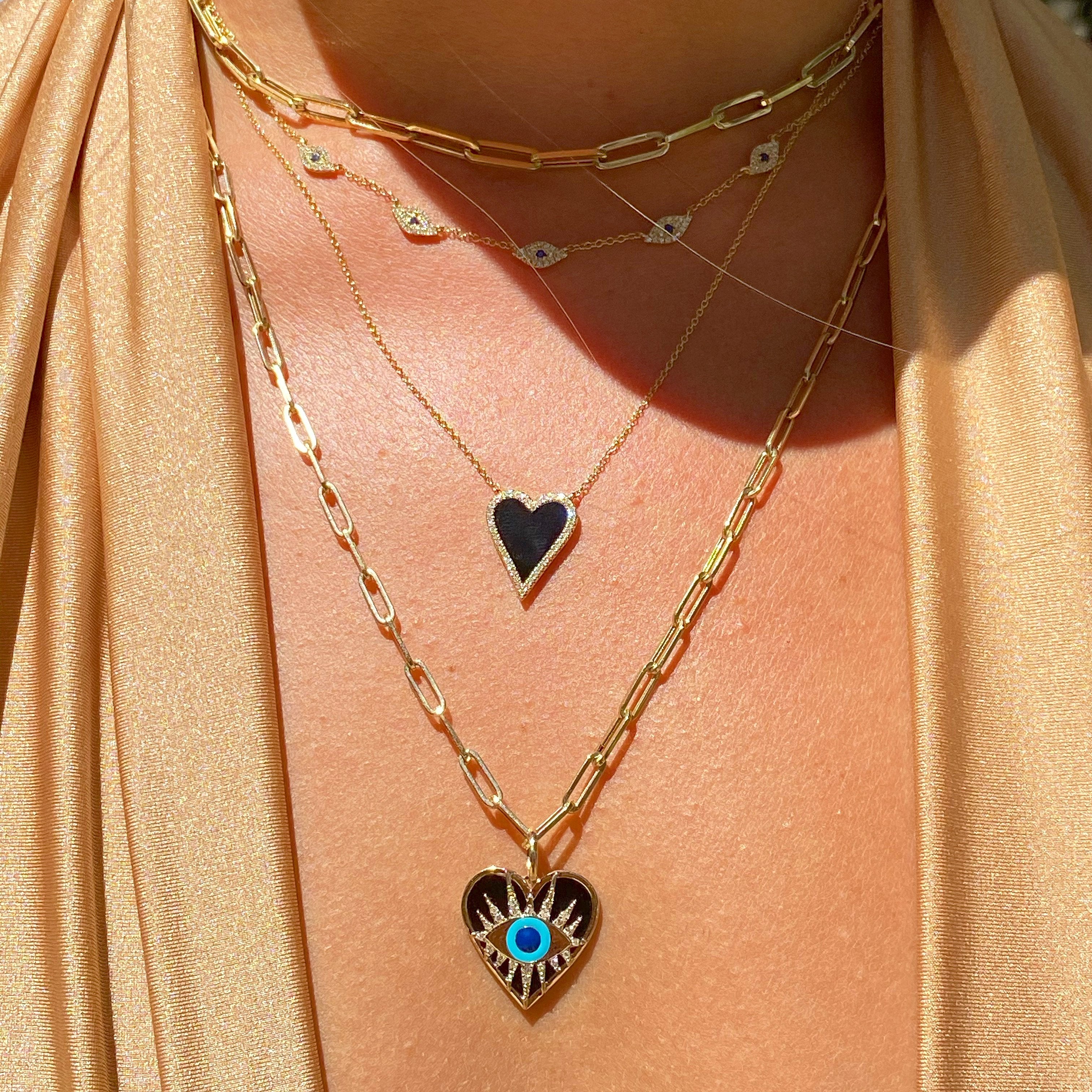 Evil Eye On Black Onyx Heart Necklace Charm