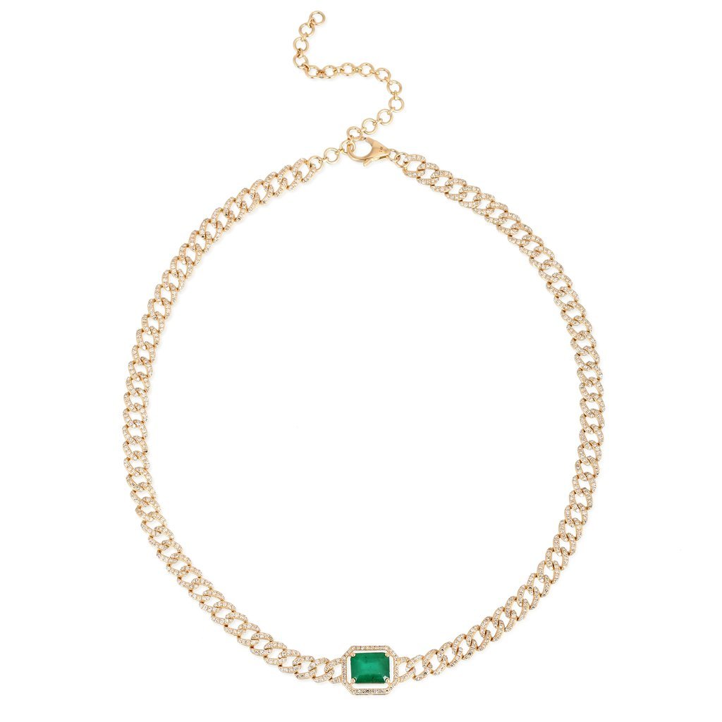Emerald Cuban Link 14K Gold Pave Diamond Necklace