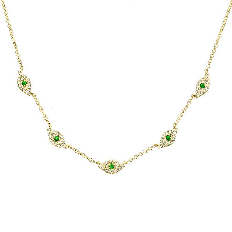 Green Evil Eyes 14K Gold Diamond Necklace