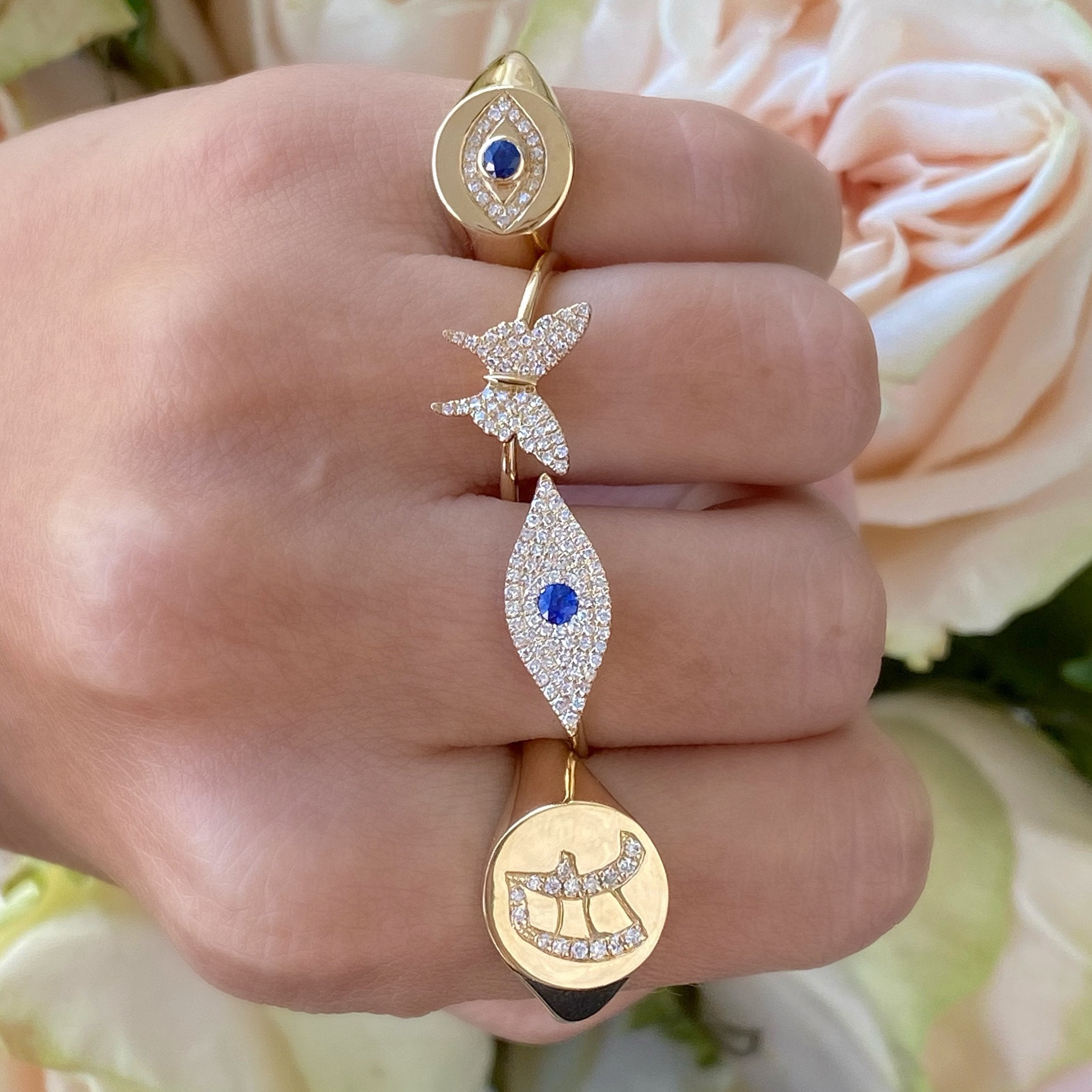 Diamond Sapphire Evil Eye 14K Gold Micro Pave Ring