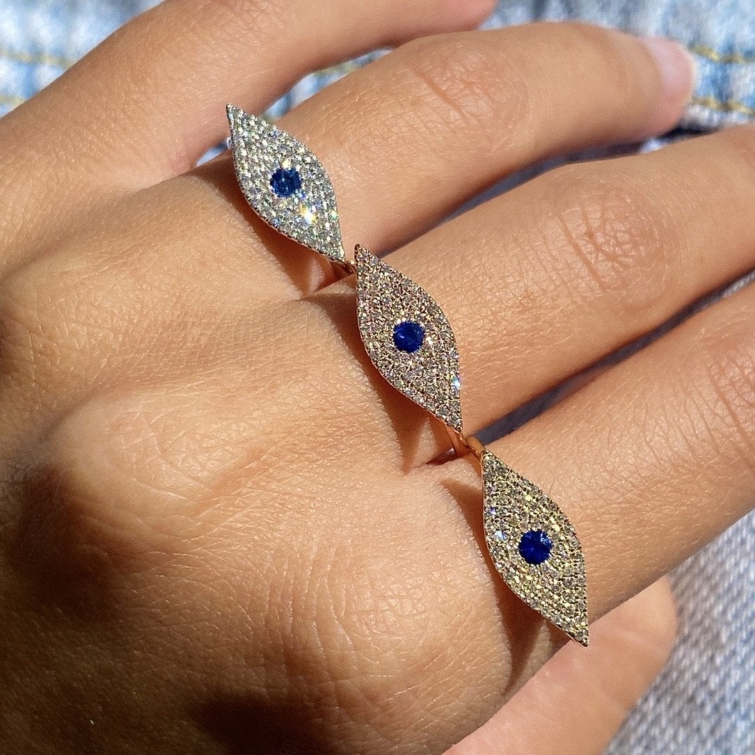 Diamond Sapphire Evil Eye 14K Gold Micro Pave Ring