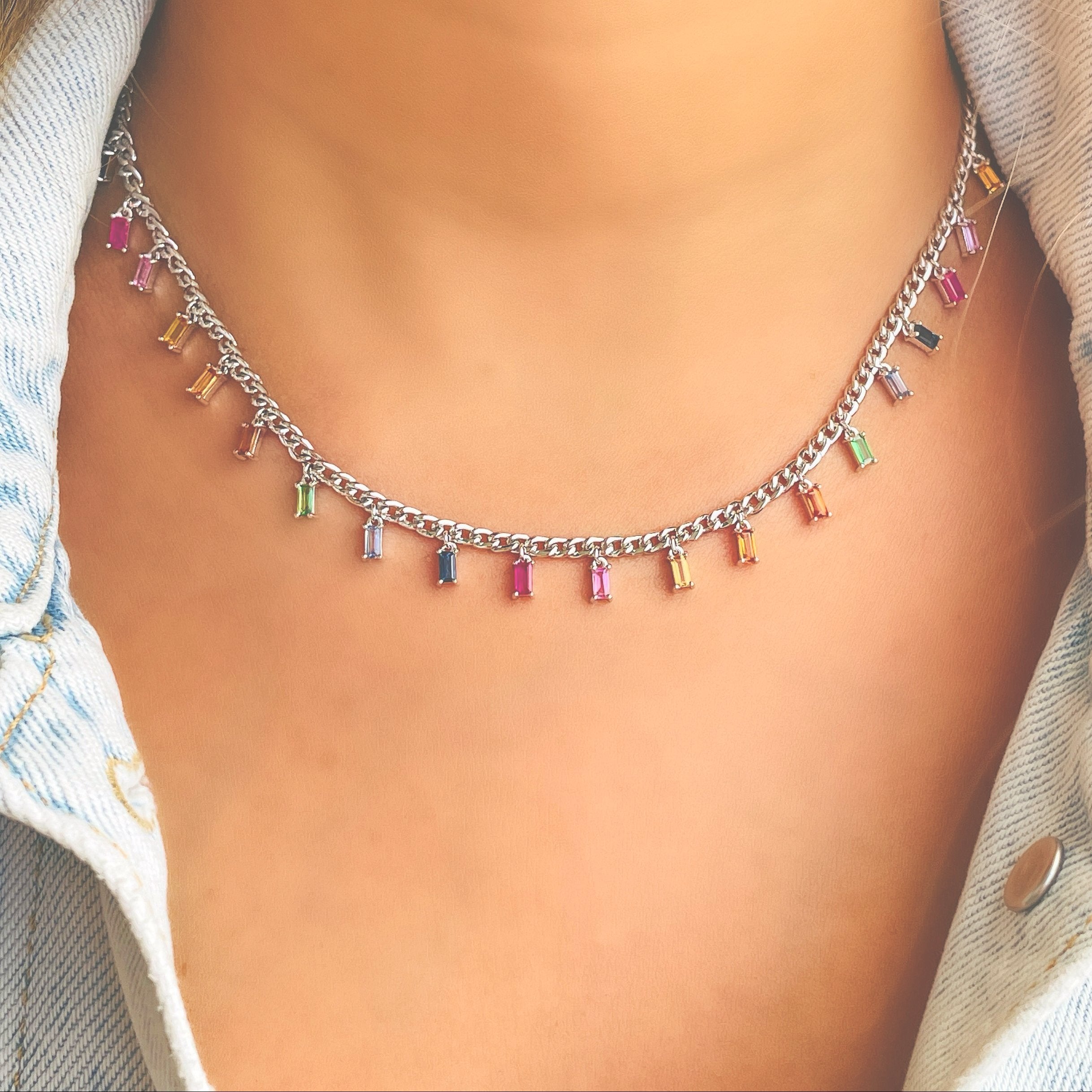 Rainbow Dangling Baguette Gemstones 14K Gold Necklace