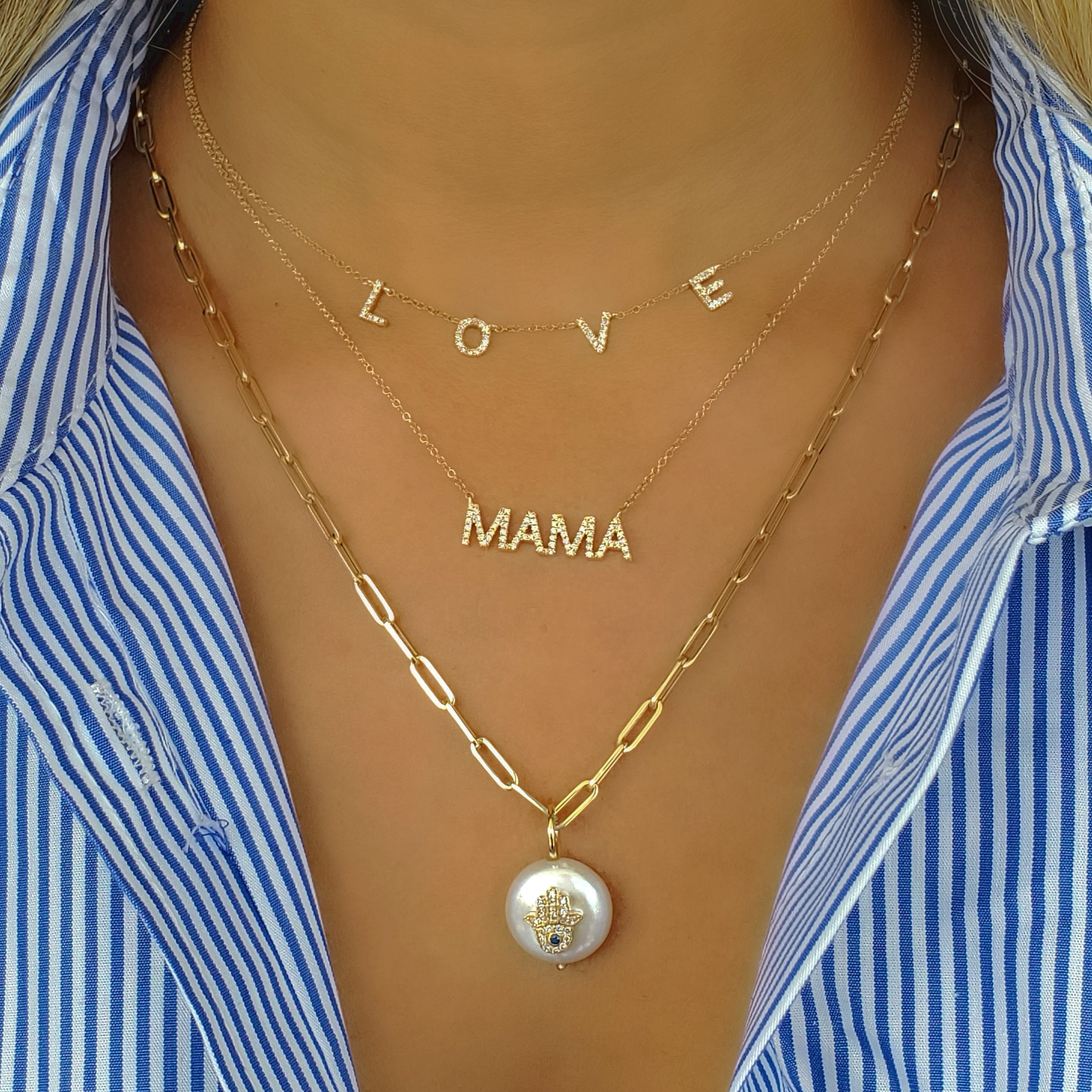 Hamsa On Flat Pearl 14K Gold Diamond Necklace Charm