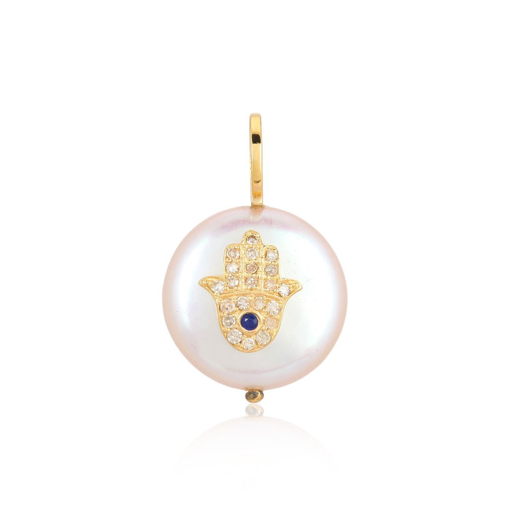 Hamsa On Flat Pearl 14K Gold Diamond Necklace Charm