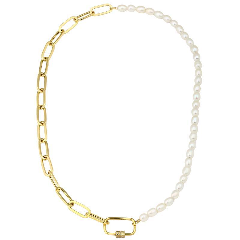 Carabiner Pearl + Paper Clip 14K Gold Diamond Necklace