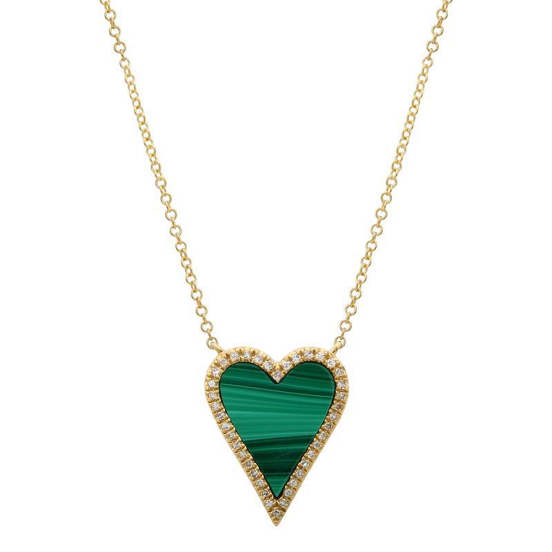Halo Malachite Skinny Heart 14K Gold Diamond Necklace