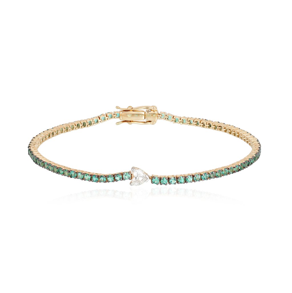 Heart Shaped Diamond 14K Gold Emerald Tennis Bracelet
