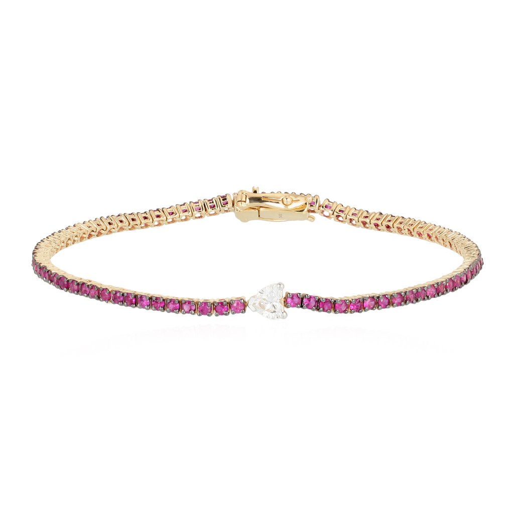 Heart Shaped Diamond 14K Gold  Ruby Tennis Bracelet