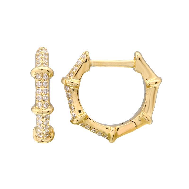 Bamboo Huggie 14K Gold Diamond Earrings