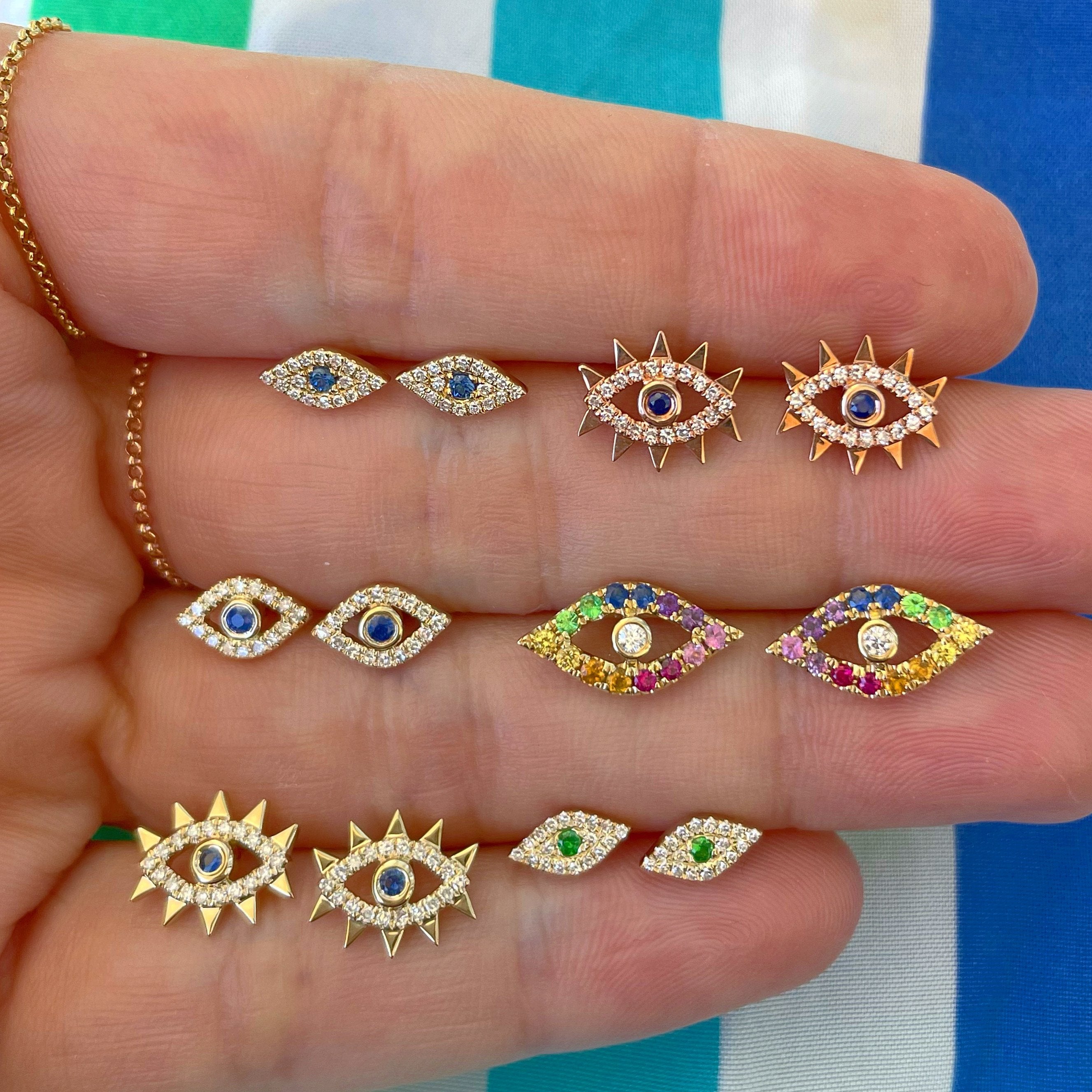 Blue Evil Eyes 14K Gold Diamond Earrings