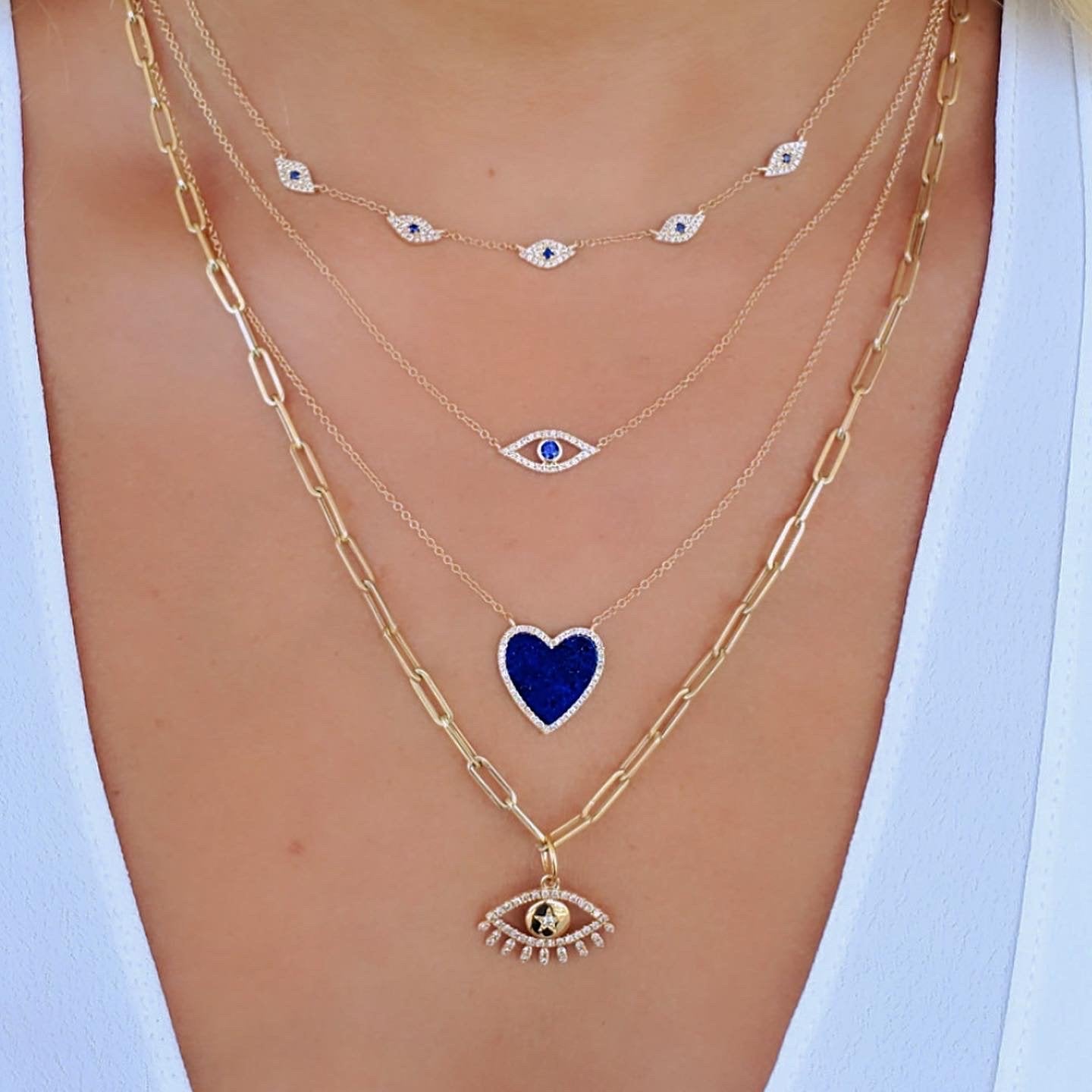 Blue Evil Eyes 14K Gold Diamond Necklace