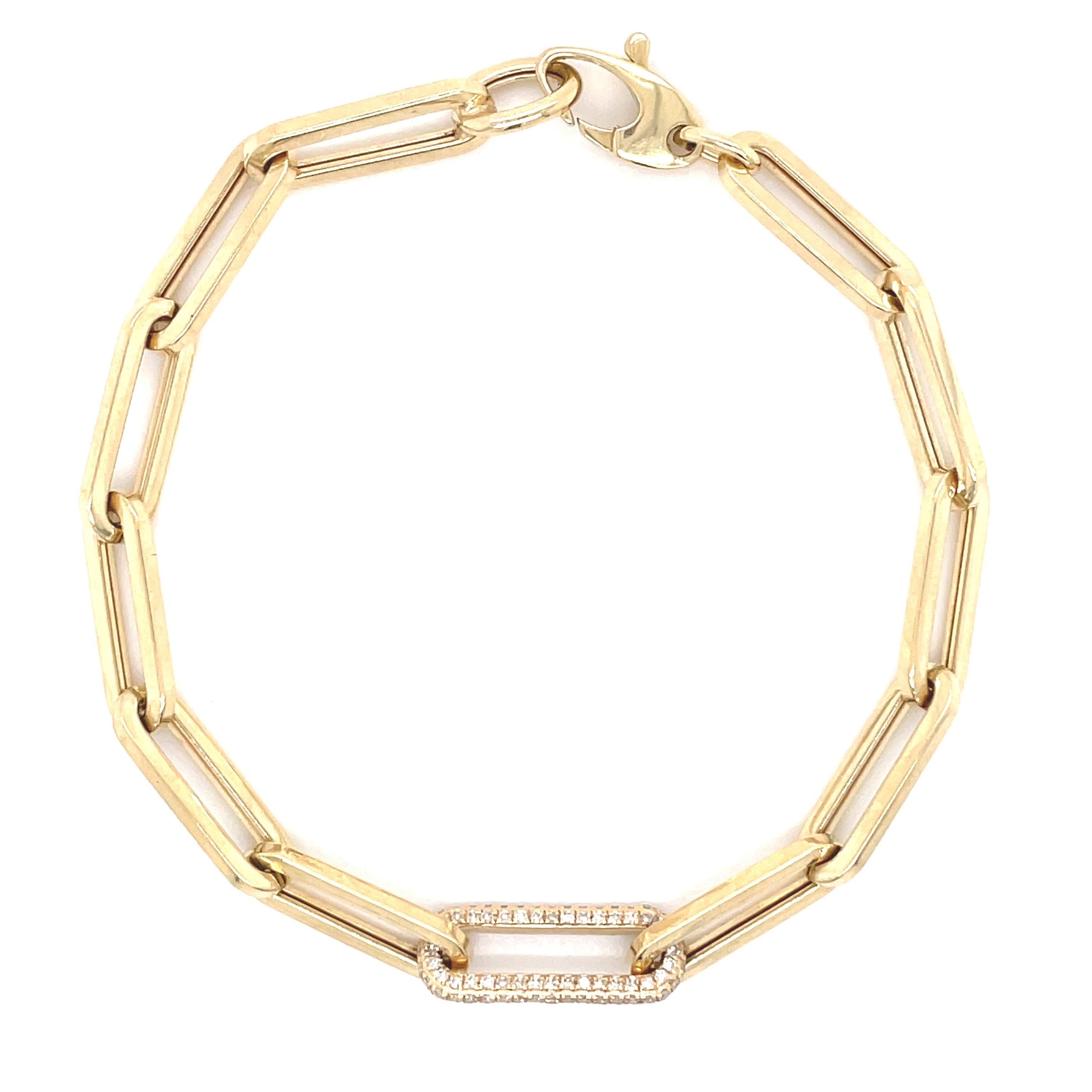 Paper Clip 14K Gold Micro Pave Link Chain Bracelet