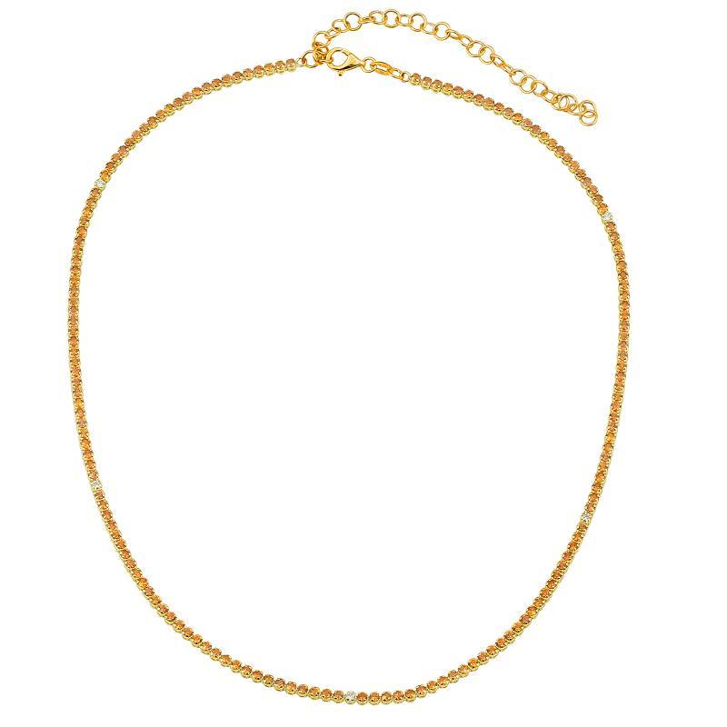Orange Sapphire + Diamond 14K Gold Tennis Necklace