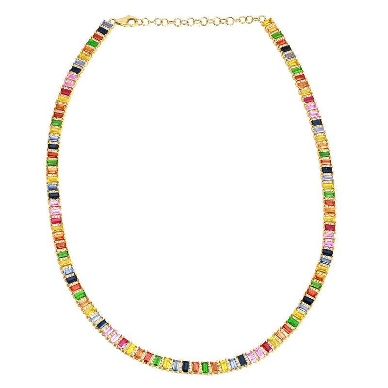 Rainbow Baguette Gemstones 14K Gold Necklace