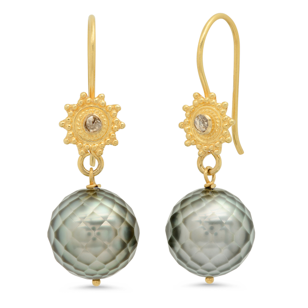 Diamond Sun and Faceted Pearl Earrings