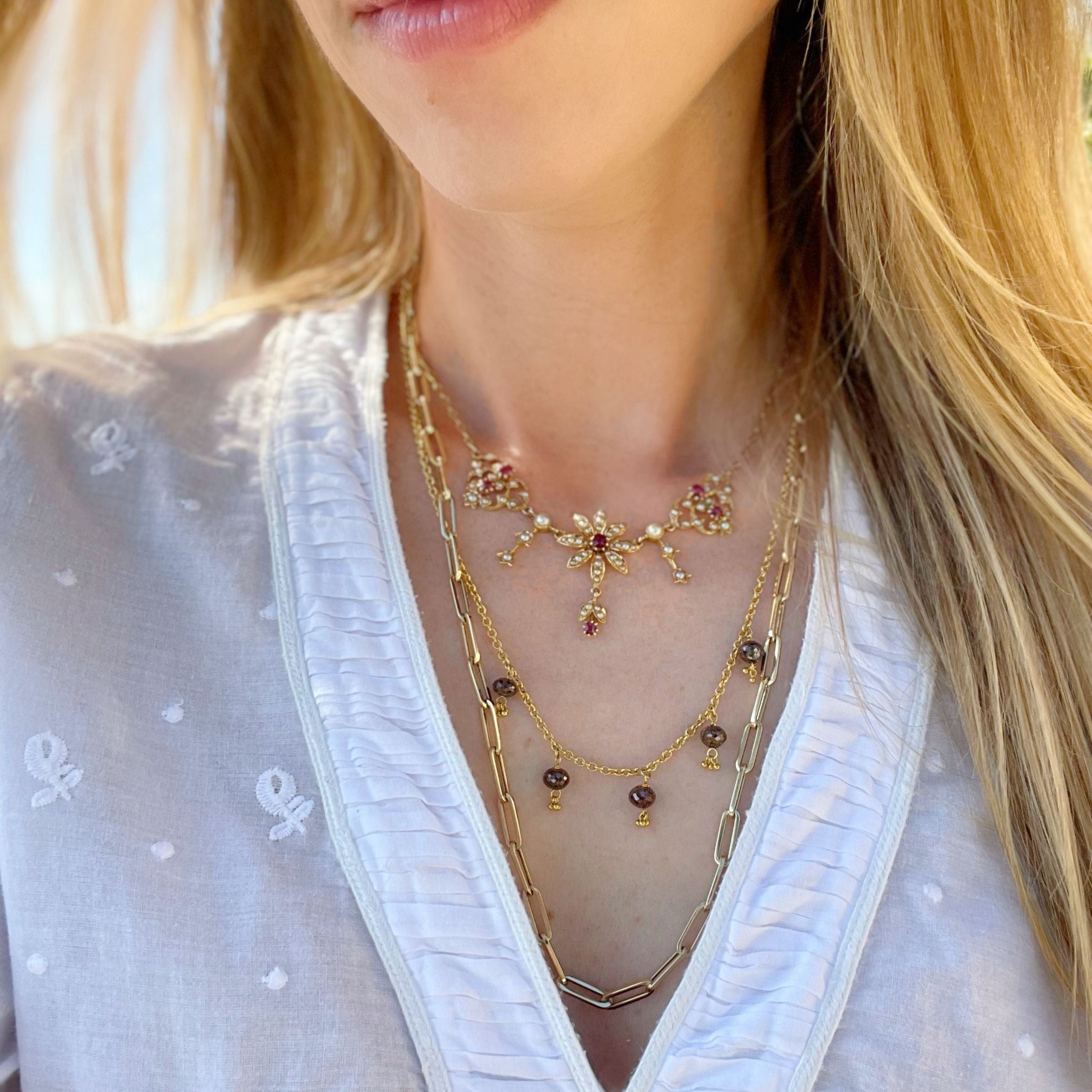 Ruby Floral Vintage Yellow Gold Necklace