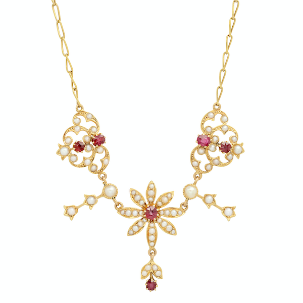 Ruby Floral Vintage Yellow Gold Necklace